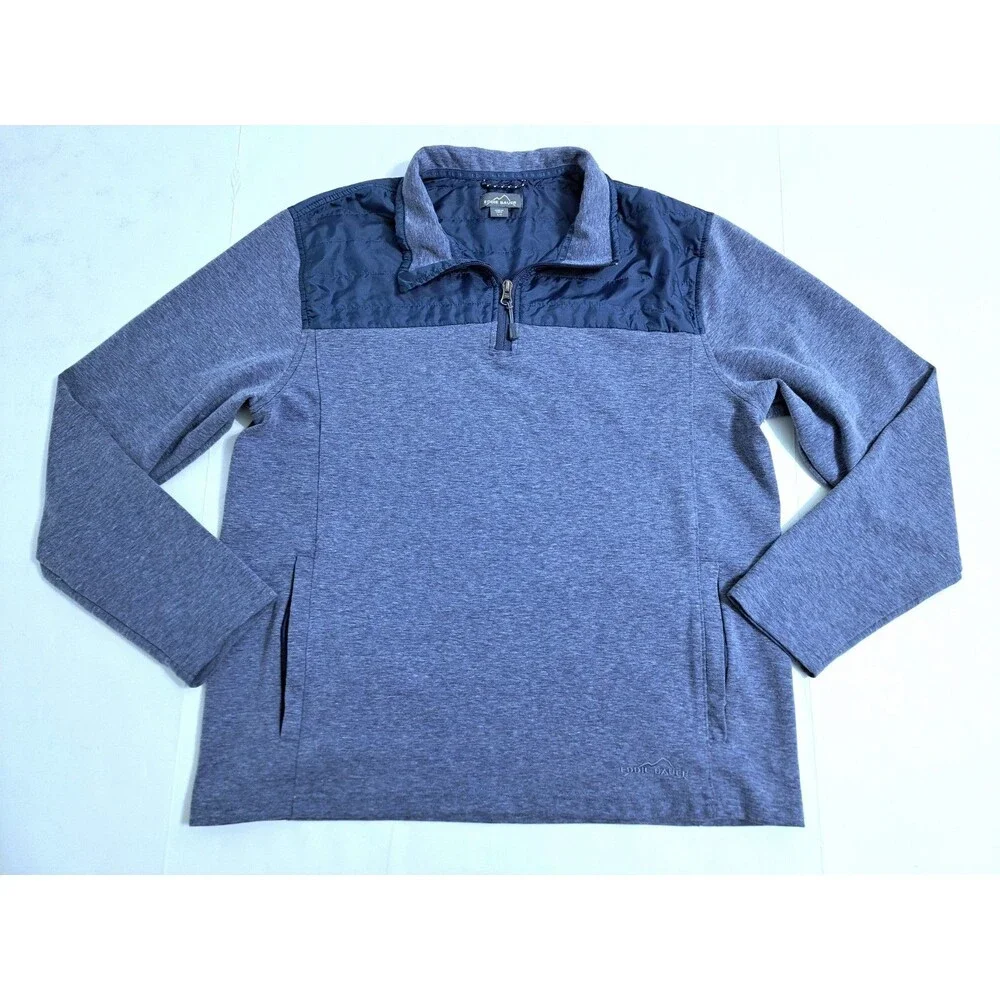 Eddie Bauer Men's Large Mixed Media Zip Pullover Blue Fleece Sweater Trail